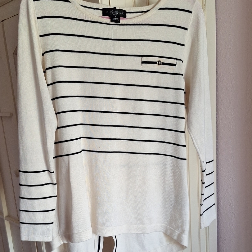 August Silk Black and White Striped Long Sleeve Button Back Top
